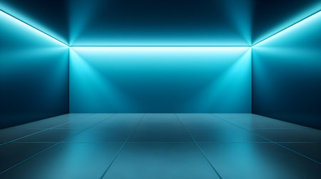 Empty geometrical Room in Turquoise Blue Colors with beautiful Lighting. Futuristic Background for Product Presentation.の素材