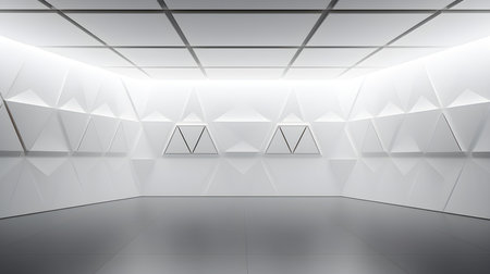 Empty geometrical room in white colors with beautiful lighting. Futuristic Background for Product Presentation.の素材