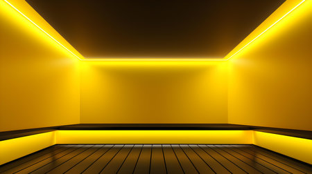 Empty geometrical Room in Yellow Colors with beautiful Lighting. Futuristic Background for Product Presentation.の素材