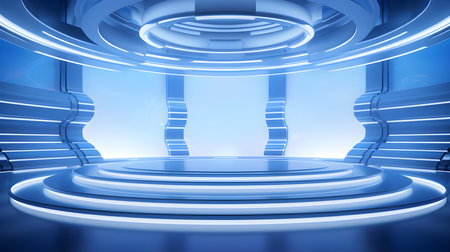 Futuristic Room in Blue Colors with Beautiful Lighting. Stunning Background for Product Presentation.の素材