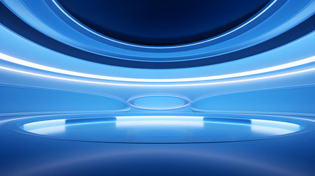 Futuristic Room in Blue Colors with Beautiful Lighting. Stunning Background for Product Presentation.の素材