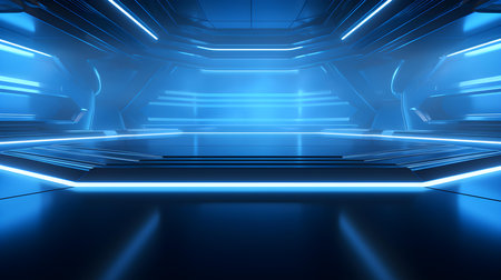 Futuristic Room in Blue Colors with Beautiful Lighting. Stunning Background for Product Presentation.の素材
