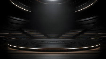 Futuristic Room in Black Colors with beautiful Lighting. Stunning Background for Product Presentation.の素材