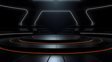 Futuristic Room in Black Colors with beautiful Lighting. Stunning Background for Product Presentation.の素材
