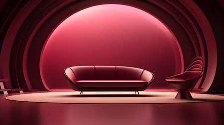 Futuristic Room in Burgundy Colors with Beautiful Lighting. Stunning Background for Product Presentation.の素材