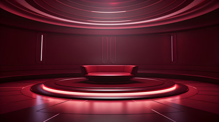 Futuristic Room in Burgundy Colors with Beautiful Lighting. Stunning Background for Product Presentation.の素材
