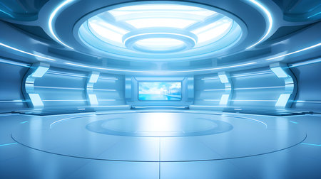 Futuristic Room in Cyan Colors with Beautiful Lighting. Stunning Background for Product Presentation.の素材