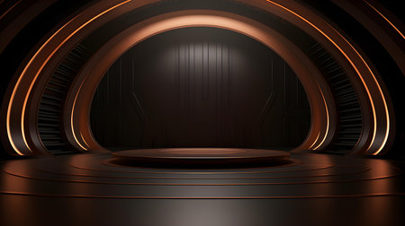 Futuristic Room in Dark Brown Colors with Beautiful Lighting. Stunning Background for Product Presentation.の素材