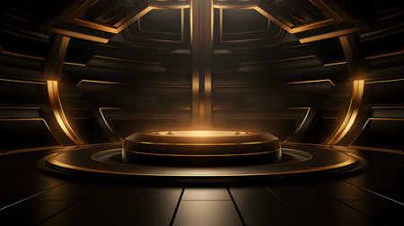 Futuristic Room in Dark Gold Colors with beautiful Lighting. Stunning Background for Product Presentation.の素材