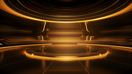 Futuristic Room in Dark Gold Colors with beautiful Lighting. Stunning Background for Product Presentation.の素材