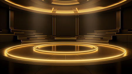 Futuristic Room in Dark Gold Colors with beautiful Lighting. Stunning Background for Product Presentation.の素材
