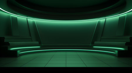 Futuristic Room in Dark Green Colors with Beautiful Lighting. Stunning Background for Product Presentation.の素材