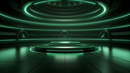 Futuristic Room in Dark Green Colors with Beautiful Lighting. Stunning Background for Product Presentation.の素材