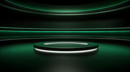 Futuristic Room in Dark Green Colors with Beautiful Lighting. Stunning Background for Product Presentation.の素材