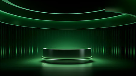 Futuristic Room in Dark Green Colors with Beautiful Lighting. Stunning Background for Product Presentation.の素材