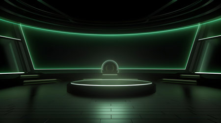 Futuristic Room in Dark Green Colors with Beautiful Lighting. Stunning Background for Product Presentation.の素材