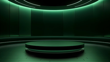 Futuristic Room in Dark Green Colors with Beautiful Lighting. Stunning Background for Product Presentation.の素材