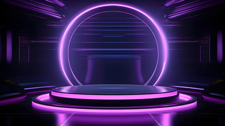 Futuristic Room in Dark Purple Colors with beautiful Lighting. Stunning Background for Product Presentation.の素材