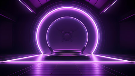 Futuristic Room in Dark Purple Colors with beautiful Lighting. Stunning Background for Product Presentation.の素材