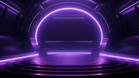 Futuristic Room in Dark Purple Colors with beautiful Lighting. Stunning Background for Product Presentation.の素材