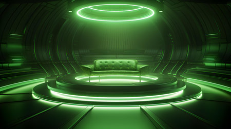 Futuristic Room in Green Colors with Beautiful Lighting. Stunning Background for Product Presentation.の素材