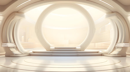 Futuristic Room in Ivory Colors with beautiful Lighting. Stunning Background for Product Presentation.の素材