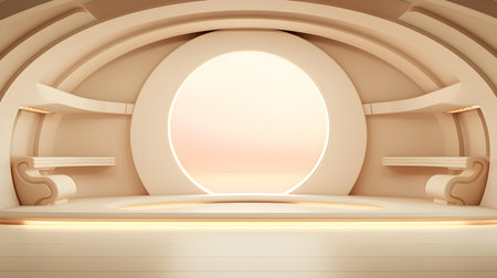 Futuristic Room in Ivory Colors with beautiful Lighting. Stunning Background for Product Presentation.の素材