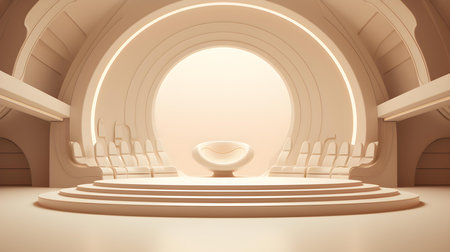 Futuristic Room in Ivory Colors with beautiful Lighting. Stunning Background for Product Presentation.の素材