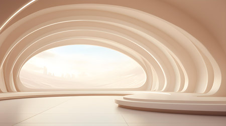 Futuristic Room in Ivory Colors with beautiful Lighting. Stunning Background for Product Presentation.の素材