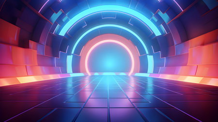 Futuristic Room in Multicolor Colors with Beautiful Lighting. Stunning Background for Product Presentation.の素材
