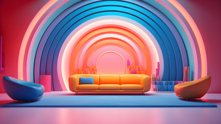 Futuristic Room in Multicolor Colors with Beautiful Lighting. Stunning Background for Product Presentation.の素材
