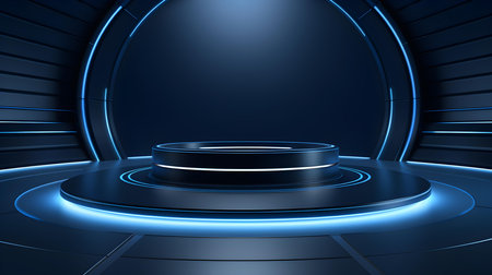 Futuristic Room in Navy Blue Colors with Beautiful Lighting. Stunning Background for Product Presentation.の素材