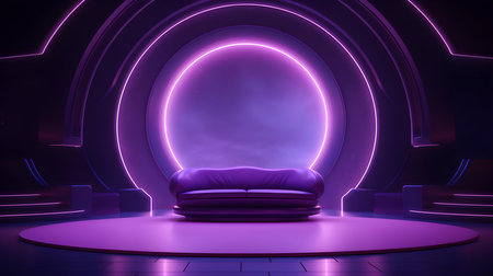 Futuristic Room in Purple Colors with Beautiful Lighting. Stunning Background for Product Presentation.の素材