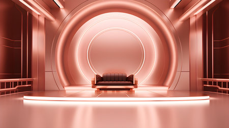 Futuristic Room in Rose Gold Colors with Beautiful Lighting. Stunning Background for Product Presentation.の素材