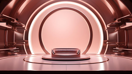 Futuristic Room in Rose Gold Colors with Beautiful Lighting. Stunning Background for Product Presentation.の素材