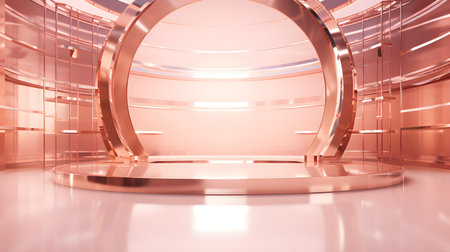 Futuristic Room in Rose Gold Colors with Beautiful Lighting. Stunning Background for Product Presentation.の素材