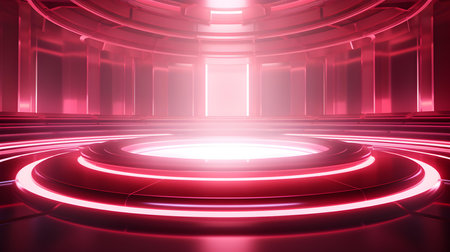 Futuristic Room in Ruby Colors with Beautiful Lighting. Stunning Background for Product Presentation.の素材