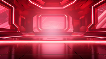 Futuristic Room in Ruby Colors with Beautiful Lighting. Stunning Background for Product Presentation.の素材