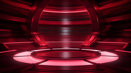 Futuristic Room in Ruby Colors with Beautiful Lighting. Stunning Background for Product Presentation.の素材