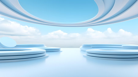 Futuristic Room in Sky Blue Colors with Beautiful Lighting. Stunning Background for Product Presentation.の素材