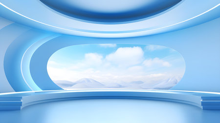 Futuristic Room in Sky Blue Colors with Beautiful Lighting. Stunning Background for Product Presentation.の素材
