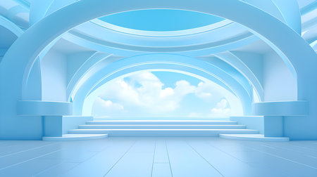 Futuristic Room in Sky Blue Colors with Beautiful Lighting. Stunning Background for Product Presentation.の素材