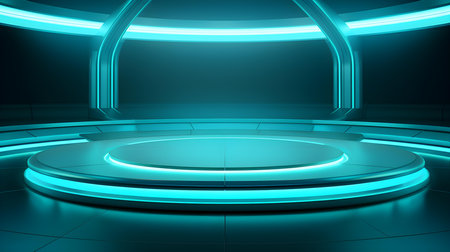 Futuristic Room in Turquoise Colors with Beautiful Lighting. Stunning Background for Product Presentation.の素材