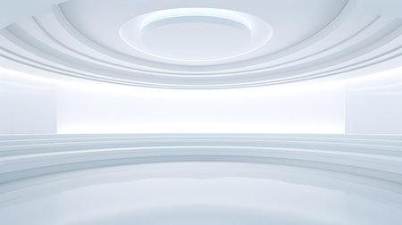 Futuristic Room in White Colors with Beautiful Lighting. Stunning Background for Product Presentation.の素材