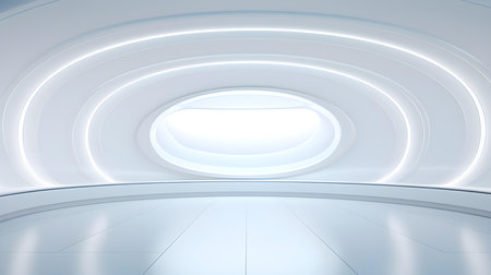 Futuristic Room in White Colors with Beautiful Lighting. Stunning Background for Product Presentation.の素材