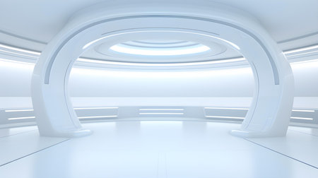 Futuristic Room in White Colors with Beautiful Lighting. Stunning Background for Product Presentation.の素材