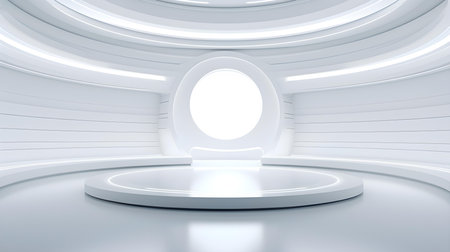 Futuristic Room in White Colors with Beautiful Lighting. Stunning Background for Product Presentation.の素材