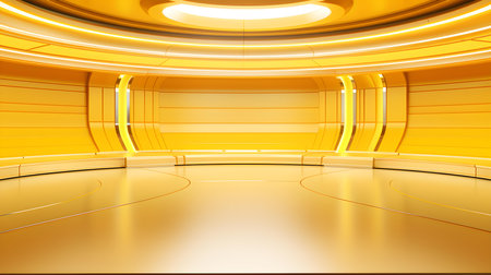 Futuristic Room in Yellow Colors with Beautiful Lighting. Stunning Background for Product Presentation.の素材