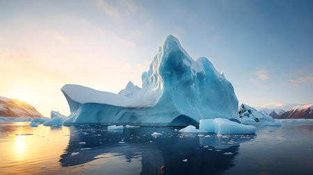 A Majestic Iceberg Surrounded by Ice Floes and a Glacier in the Background. The Sky is Clear and the Water is Reflecting the Light from the Sun.の素材