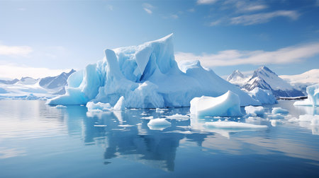 A Majestic Iceberg Surrounded by Ice Floes and a Glacier in the Background. The Sky is Clear and the Water is Reflecting the Light from the Sun.の素材